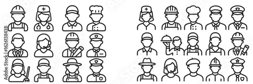 Diverse professions represented in a set of minimalist line icons showcasing various careers and roles