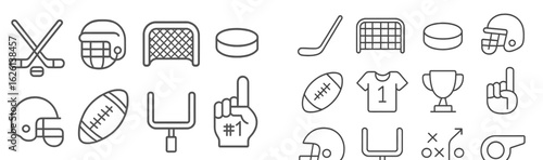 Collection of sports icons depicting various athletic activities, equipment, and trophies for design use in sports contexts