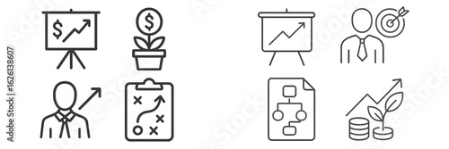 Business growth strategies presented through charts, plans, and professional figures in a corporate environment