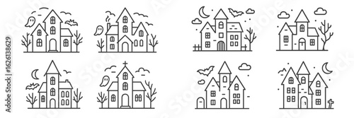 Spooky Halloween themed houses with ghosts, bats, and moonlit skies in various designs and arrangements for festive decorations