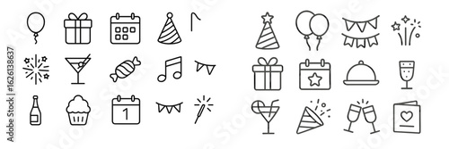 Festive celebration icons highlighting party elements such as balloons, gifts, cocktails, and music notes in minimalist design