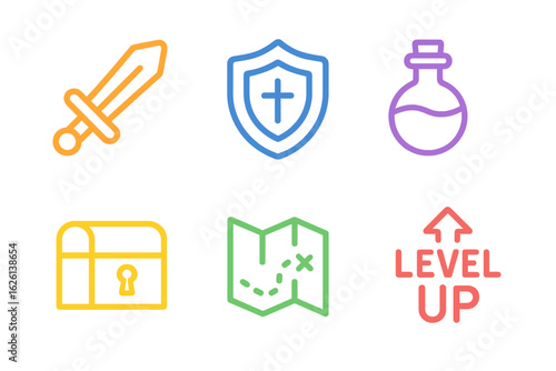 Various fantasy game icons depicting sword, shield, potion, treasure chest, map, and level up symbol in bright colors