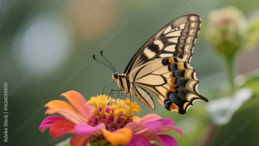 Fototapeta premium A swallowtail butterfly perched delicately on a vibrant zinnia flower, showcasing its intricate wing patterns.