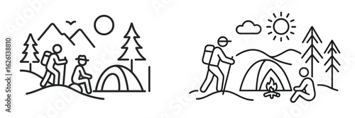 Camping and hiking adventures in the mountains surrounded by nature and scenic views during a sunny day in the wilderness