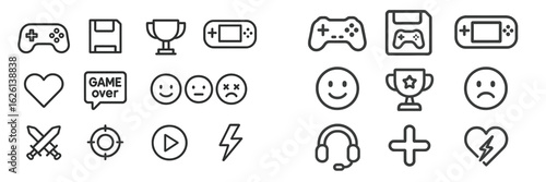 Collection of gaming icons illustrating emotions, achievements, and gameplay elements in a simple line art style