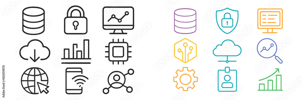 Collection of technology icons representing data security, analytics, and cloud computing concepts in a modern layout Collection of technology icons representing data security, analytics, and cloud computing concepts in a modern layout