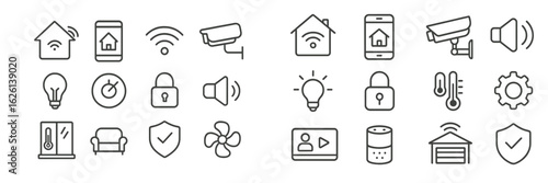 Collection of smart home icons representing various devices and functionalities for modern living and security solutions