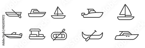 Various types of boats and watercraft designs represented in simple line art style for graphic illustration and design purposes