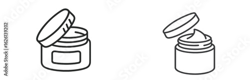 Skincare products displayed on a minimalist background showcasing cream jars and their open lids