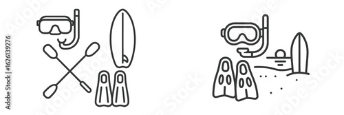 Enjoying water sports with snorkel gear and surfboards at a sunny beach location