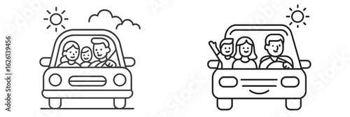 Family enjoying a sunny day drive in a cheerful car with smiles and excitement