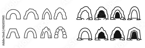 Unique collection of cave and arch designs created in a minimalist style with varying shapes and forms suitable for artistic projects