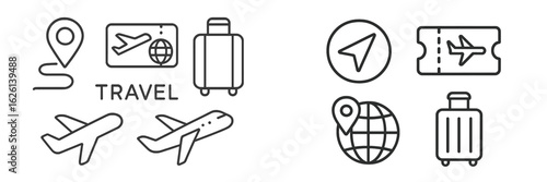 Travel icons representing various aspects of journey planning and adventure during a summer trip to an international destination