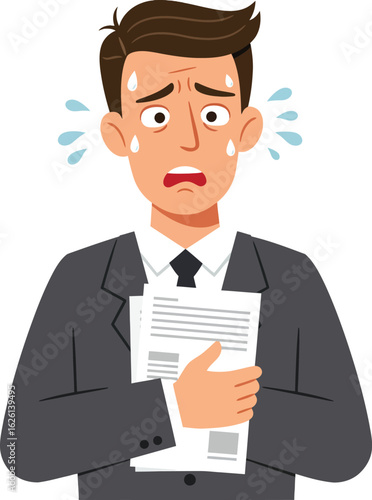 Anxious businessman sweating profusely while clutching important documents, overwhelmed by stress and pressure.
