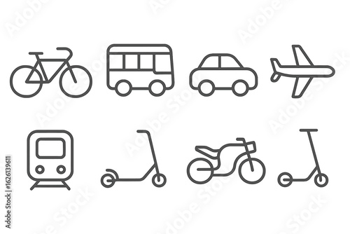 Different modes of transportation displayed in a simple, modern style showing various vehicles and travel options