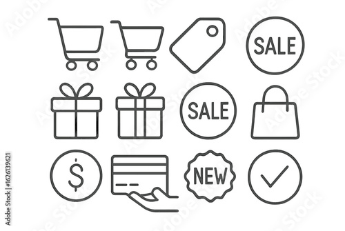Icons representing shopping, sales, and payment methods in a minimalist design useful for e-commerce applications and marketing material