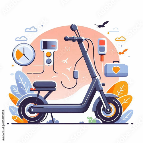 Escooter with charging station time display and case amidst stylized leaves and birds against a peach background