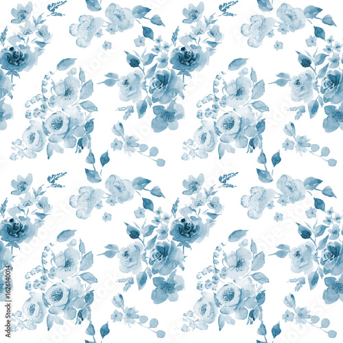 Blue flowers watercolor,flowers roses bouquet, abstract background.