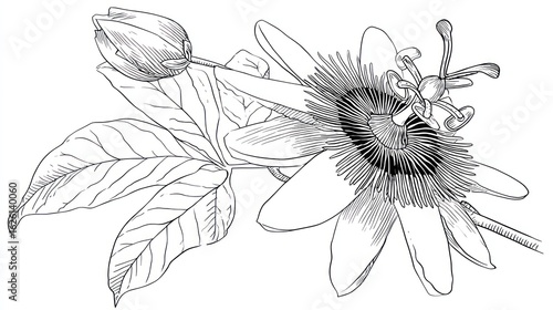 Detailed botanical drawing of a passion flower
