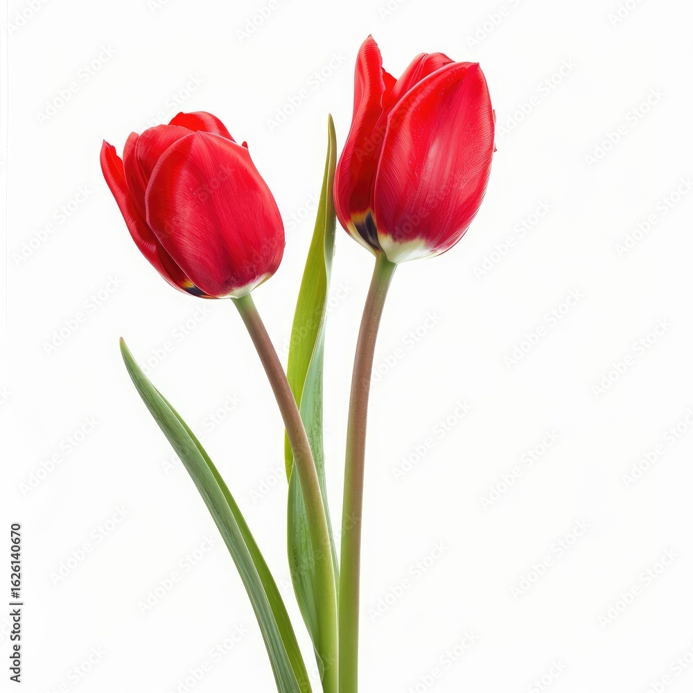 Two vibrant red tulips on white background Two vibrant red tulips on white background
