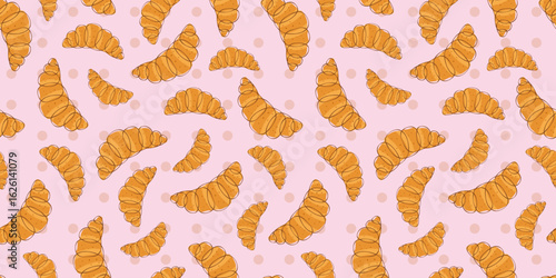 Cute croissant with chocolate drizzle seamless vector pattern on pastel pink polka dot background for bakery branding, digital wallpaper, textiles and fun projects
