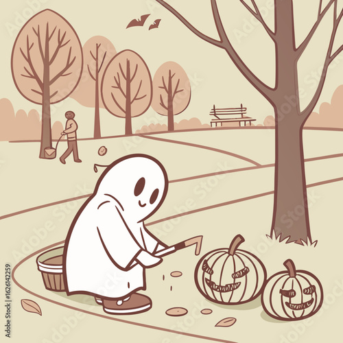 A hooded figure with a knife walking on a path with pumpkins and trees in an autumn landscape scene