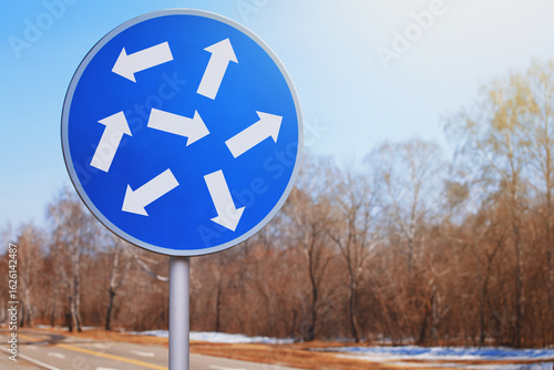 Wallpaper Mural Blue road sign with white arrows pointing in different directions symbolizes uncertainty, serious business decisions and navigation rules Torontodigital.ca
