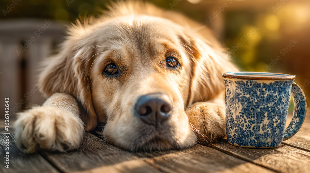 Adorable puppy resting with a cozy mug on a rustic wooden table in warm sunlight Adorable puppy resting with a cozy mug on a rustic wooden table in warm sunlight