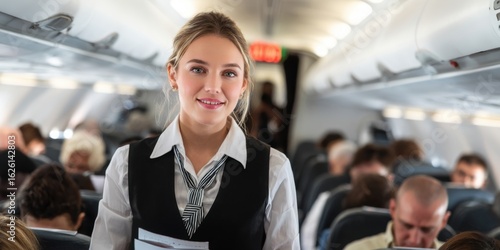 Friendly flight attendant welcoming passengers onboard. Ideal for travel, hospitality, and aviation themes, showcasing customer service in the airline industry.