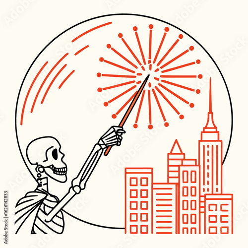 A skeleton skateboarding while candy corn flies out of its mouth in a playful halloween illustration