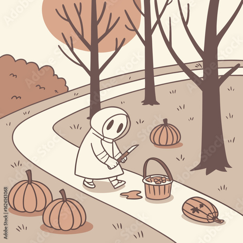 A hooded figure with a knife walking on a path with pumpkins and trees in an autumn landscape scene