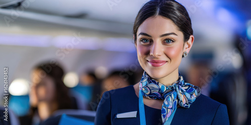 A friendly flight attendant smiles warmly, showcasing professionalism and customer service in the aircraft cabin, representing the aviation industry.