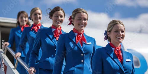 A dynamic group of airline crew members in stylish uniforms, walking confidently down the aircraft stairs, embodying professionalism and friendliness in air travel.