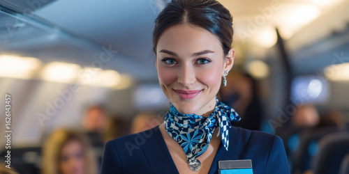 Friendly flight attendant welcoming passengers aboard, showcasing exceptional customer service and professionalism in the airline industry.