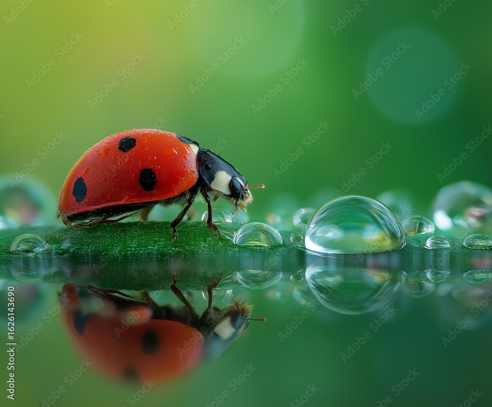 Obraz premium Three ladybugs on the edge of water droplets, reflecting in a green background, ladybug