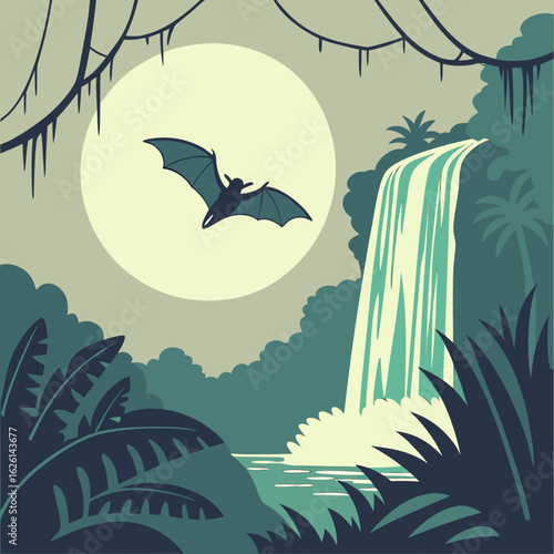 A whimsical scene of a bat flying over a waterfall in a jungle under the moonlight with lush vegetation