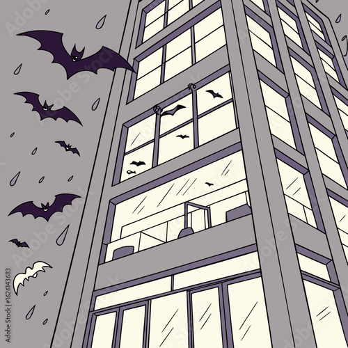Low angle view of a tall building with multiple windows and bats flying around on a light background