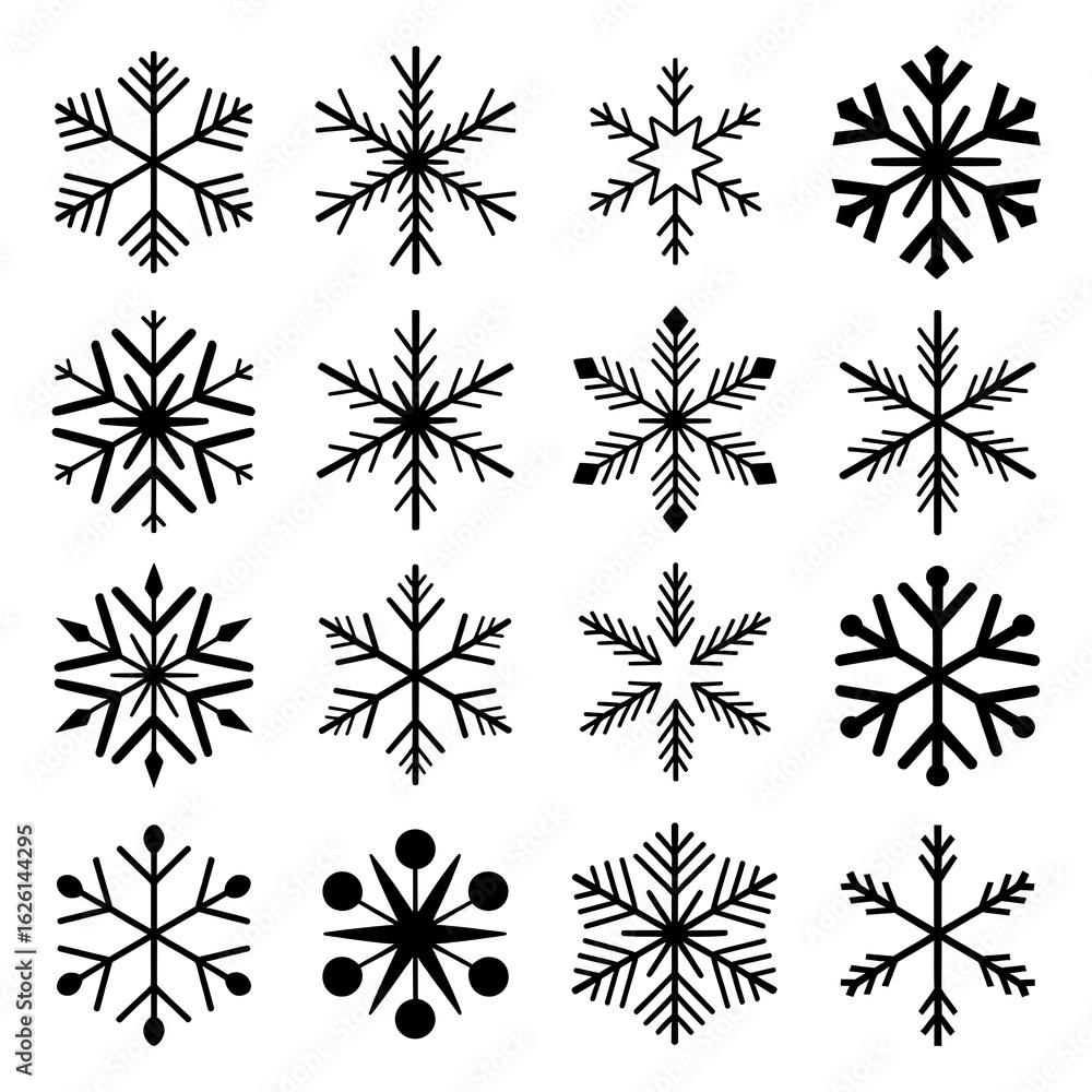 Collection of Sixteen Unique Black and White Snowflake Designs Winter Holiday Season Festive Graphic Elements and Christmas Decoration Ornaments Collection of Sixteen Unique Black and White Snowflake Designs Winter Holiday Season Festive Graphic Elements and Christmas Decoration Ornaments