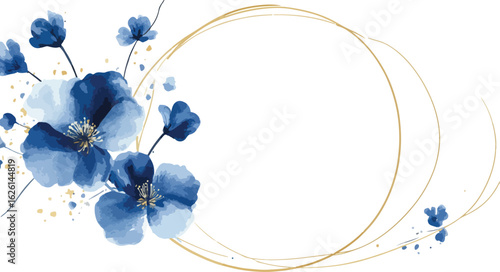 Delicate watercolor blue floral arrangement with golden geometric circle on white background