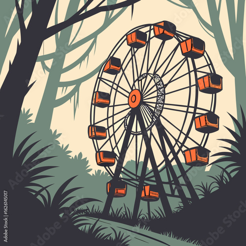 Silhouette of a ferris wheel surrounded by trees and grass against an orange sunset background scene view