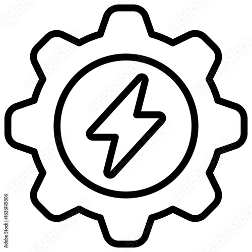 Power Gear Outline Icon Vector Design - Gear with central lightning bolt, representing powered settings, performance optimization, or energy systems