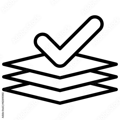 Task Layers Outline Icon Vector Design - Stacked papers with a checkmark, representing task layers, completion, or verified workflows