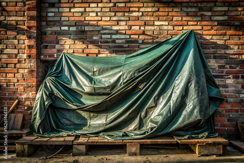 A motorcycle covered with a green tarp, parked outdoors against a brick wall, protected from the elements and dust during storage