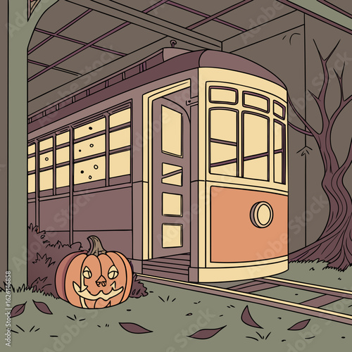Vintage trolley car on tracks with a halloween pumpkin in a spooky city street scene at dusk or night