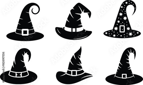Set of witch hats in Halloween theme, spooky hat silhouette collection, decorative cartoon magic hat clipart bundle, cad drawing flat vector illustration