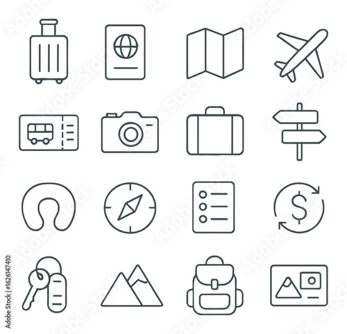 Travel linear icon set. containing suitcase, passport, map, airplane, ticket, camera, luggage, signpost.