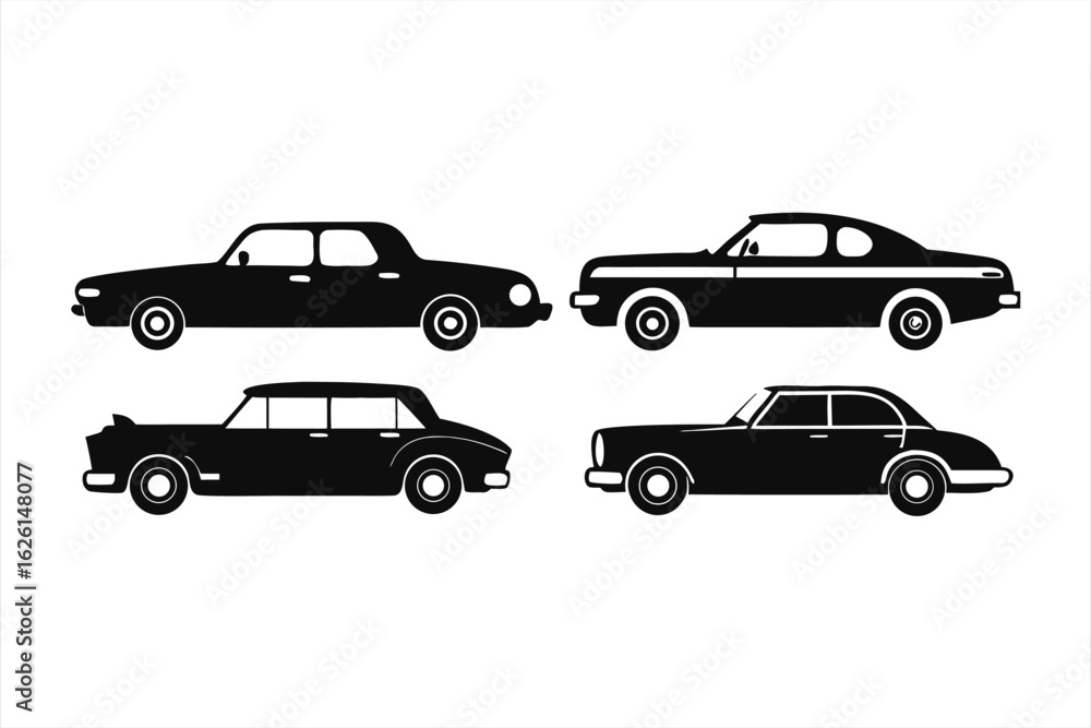 Fototapeta premium Collection of four classic vintage car silhouettes in black, showcasing different sedan models from various eras, presented on a clean white background