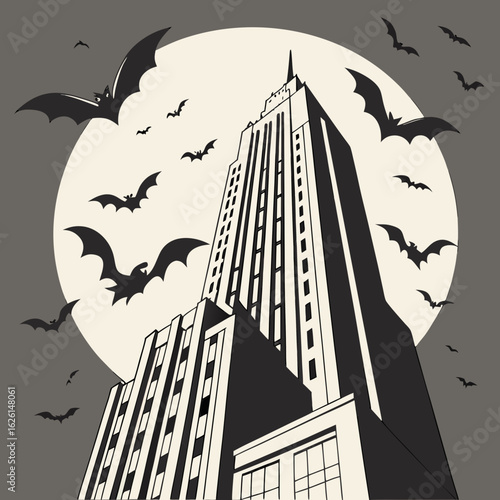 A monochrome illustration of a tall building with bats flying around it against a full moon backdrop