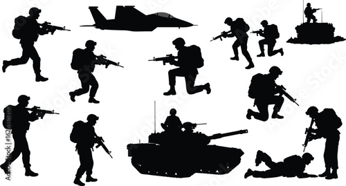 Military soldier silhouette set, army action poses, combat troops, fighter jet, tank illustration, tactical squad positions, vector art for defense, war design, battlefield icons