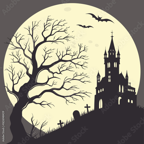 Silhouette of a spooky castle and graveyard with a bare tree and bats under a full moon in the night